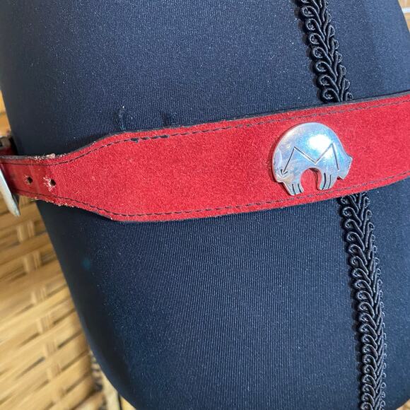 Vintage Red Suede Southwestern Concho Belt Silver Animal Symbols - Picture 4 of 12